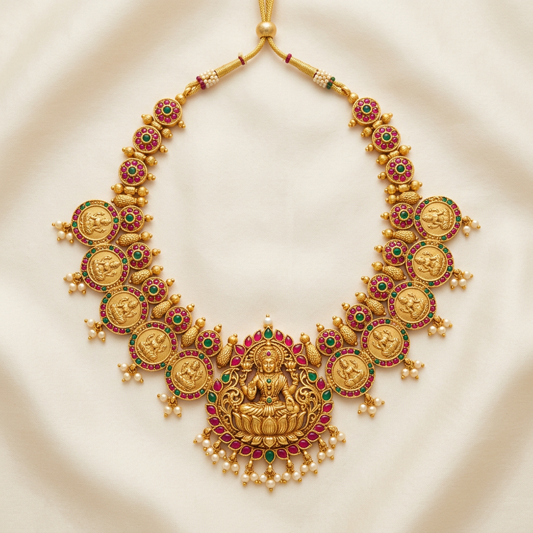 Gold-plated silver Lakshmi temple necklace with red kemp stones