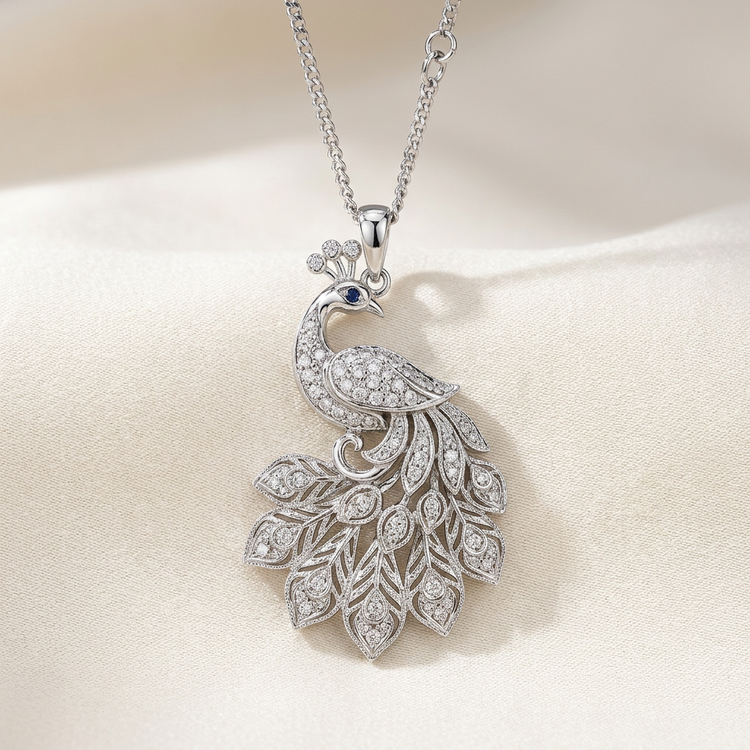 Silver peacock pendant with diamond accents